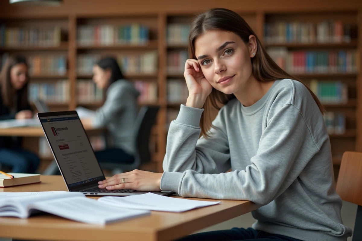 Étudiante en bibliothèque universitaire consultant un site de ressources scientifiques sur son ordinateur portable