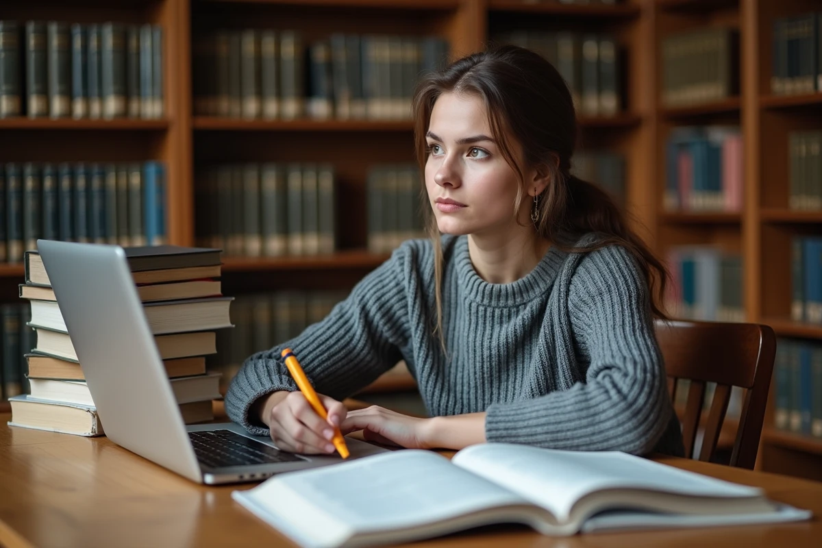 Étudiante en droit annotant un arrêt judiciaire dans une bibliothèque universitaire avec des manuels de droit civil