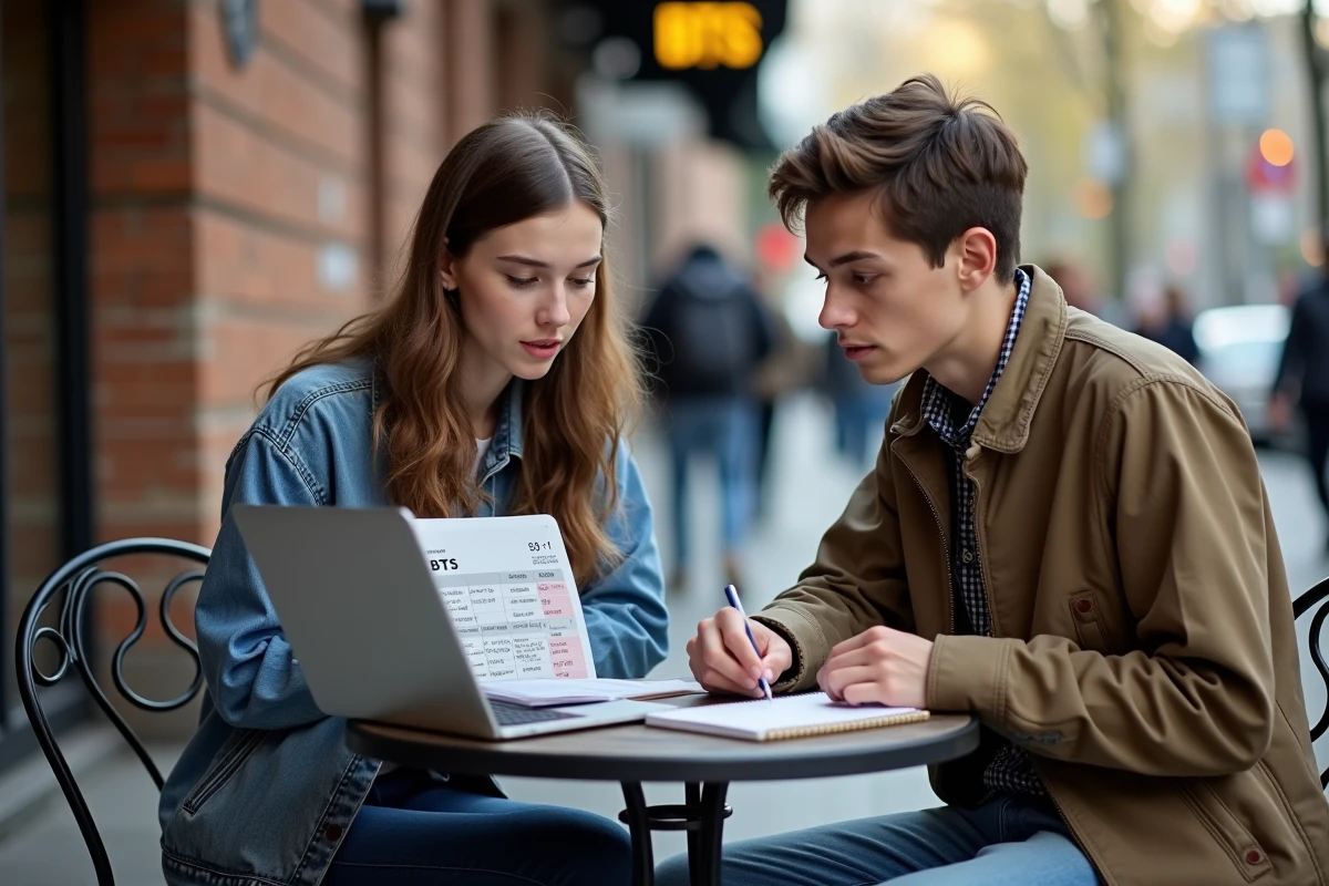 Deux étudiants comparant des formations BTS sur un ordinateur portable en terrasse de café