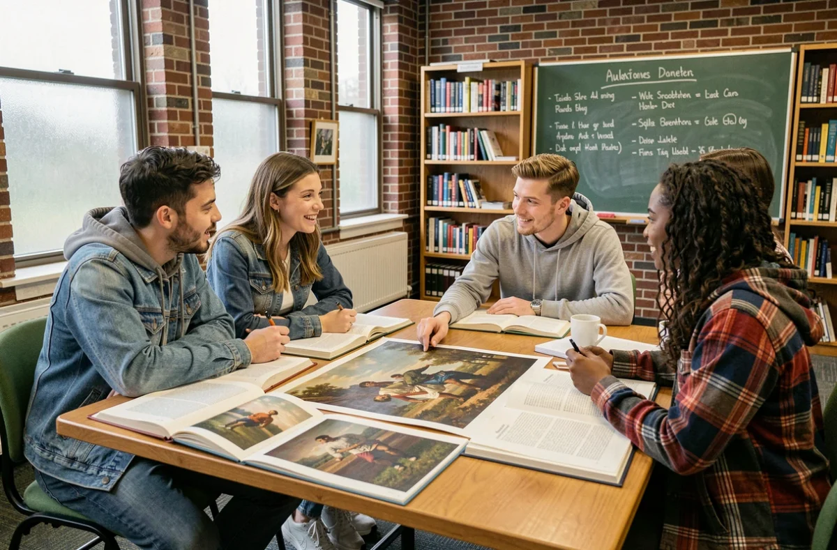 Étudiants en histoire de l'art débattant de la symbolique et des controverses de la peinture American Progress de John Gast