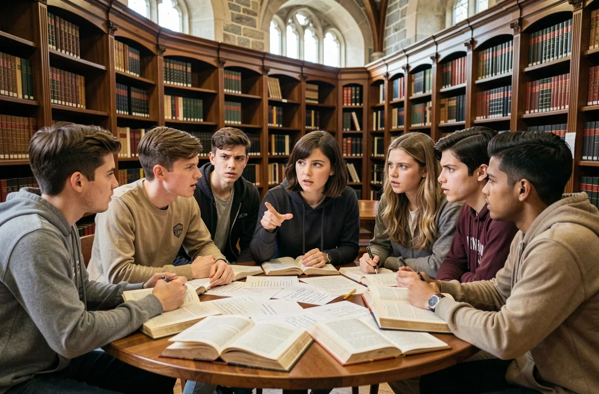 Groupe d'étudiants en philosophie débattant autour de livres ouverts dans une bibliothèque universitaire, illustrant la réflexion critique sur la nature humaine et la formule homo homini lupus de Hobbes