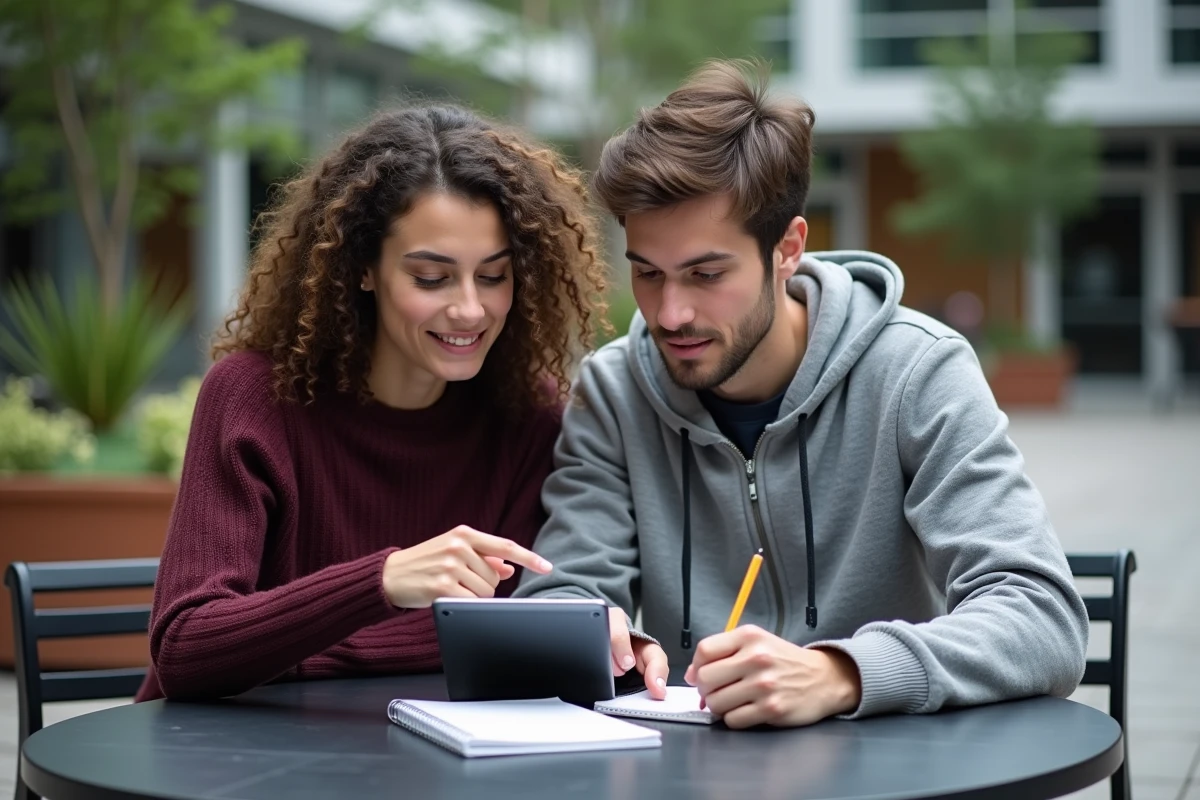 Deux étudiants en master consultant ensemble des ressources académiques sur une tablette en terrasse de campus