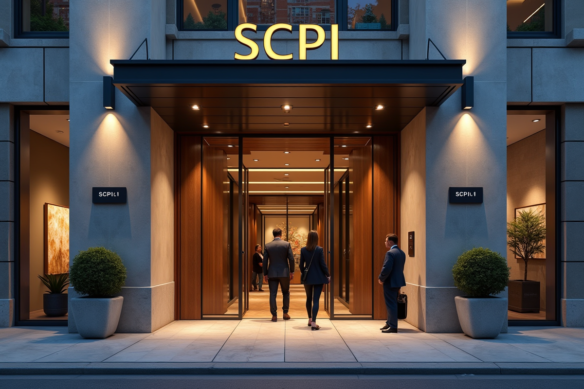 Façade d un immeuble avec signe SCPI et personnes entrant