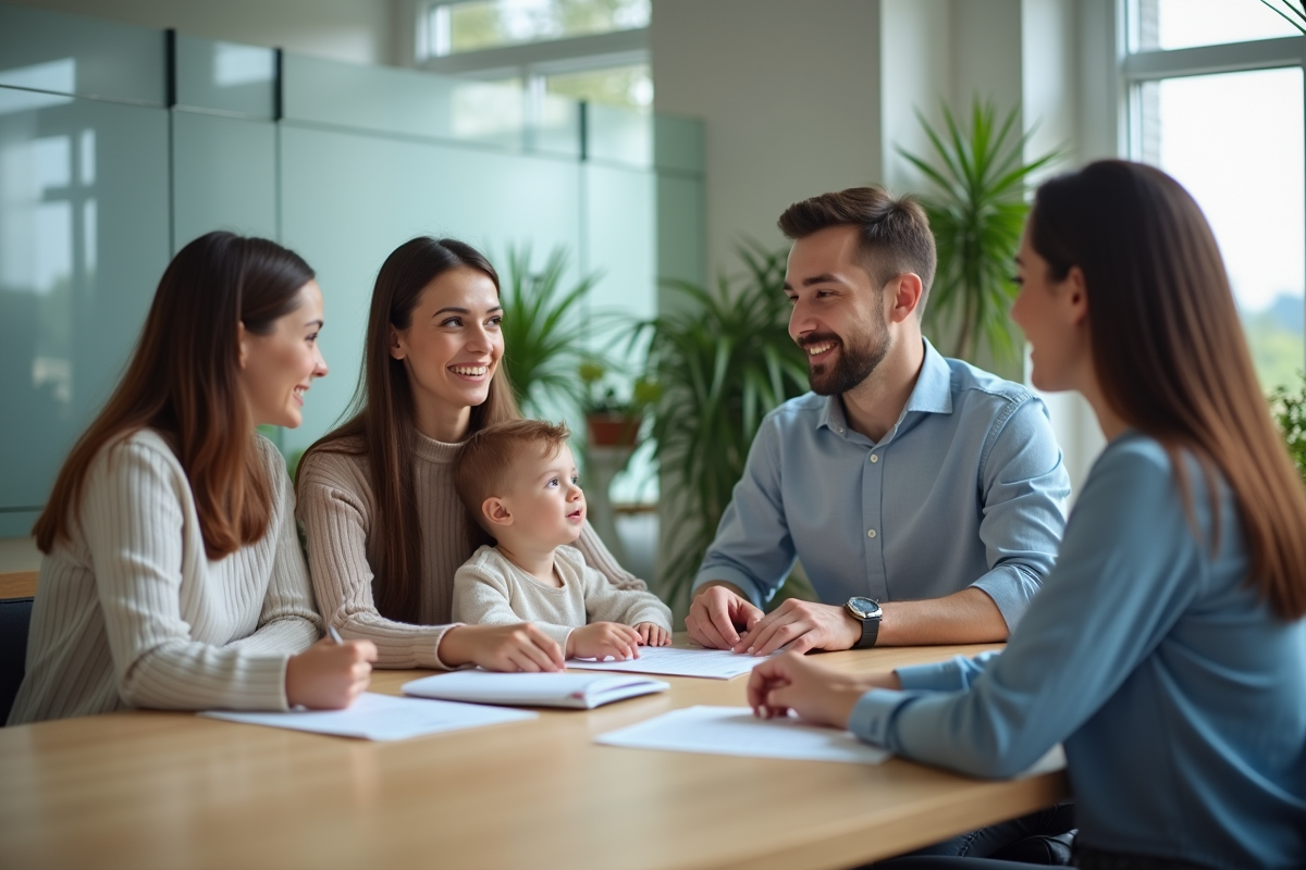 Jeune couple avec enfant écoutant un conseiller en logement dans un bureau moderne