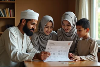 Famille musulmane réunie autour d'une table pour consulter l'horaire des prières à Douai