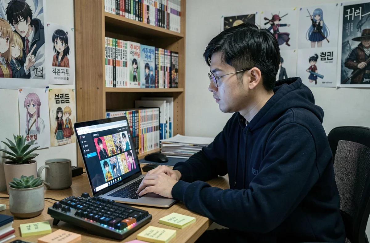 Jeune homme passionné de webtoon coréen consultant une plateforme de manhwa sur son ordinateur portable
