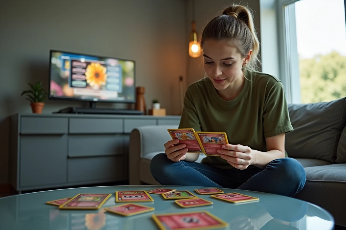 Jeune femme adulte comparant plusieurs codes de cartes Pokémon TCG Online sur un canapé dans un salon moderne avec setup gaming