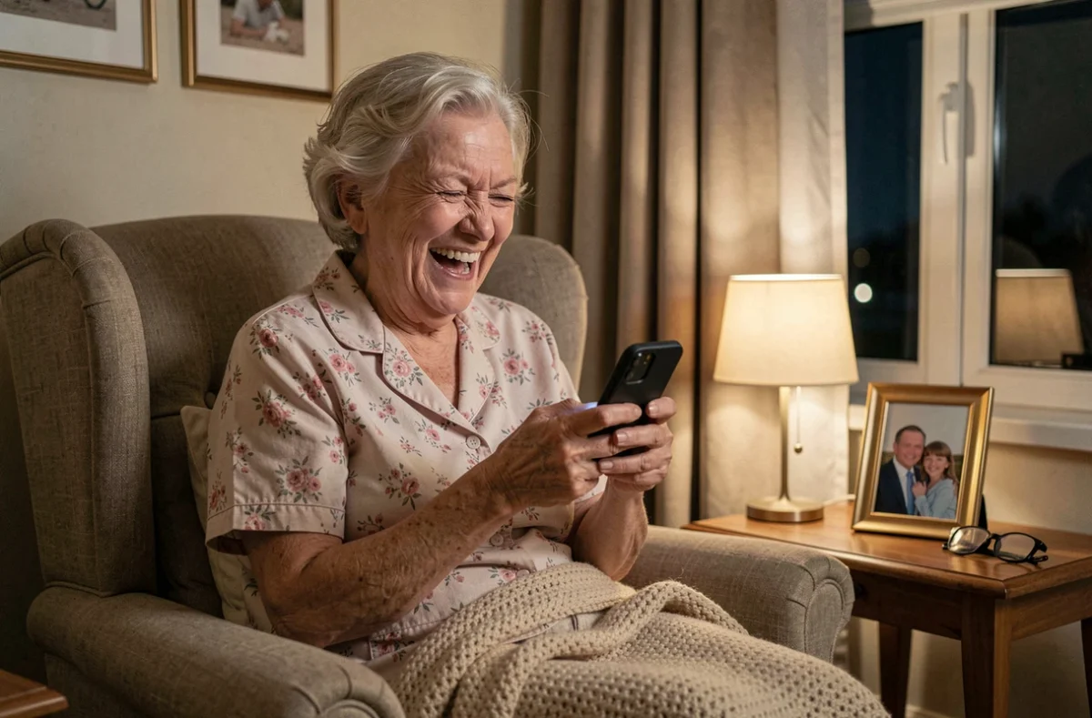 Femme âgée qui rit de bon cœur dans son fauteuil en lisant un message bonne nuit humoristique sur son téléphone