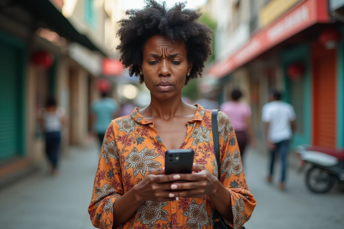 Femme antillaise consultant son téléphone avec une expression blessée face à un contenu raciste ou une insulte créole sur les réseaux sociaux