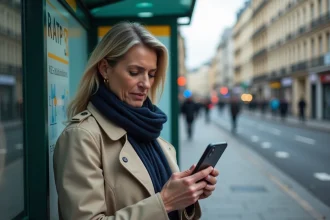 Femme consultant le suivi en temps réel du bus 323 RATP sur smartphone à un arrêt parisien