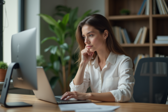 Femme d'âge moyen travaillant sur un ordinateur dans un bureau moderne