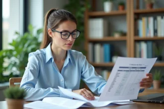 Jeune femme au bureau examinant un tableau de feuilles de calcul