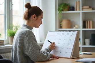 Femme annotant un calendrier mural 2026 dans un bureau à domicile bien organisé pour planifier ses projets