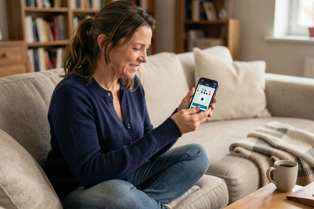 Femme concentrée jouant à la coinche en ligne sur son smartphone depuis son canapé, participrant à une partie de cartes à distance avec des amis