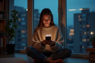 Jeune femme contemplant l'heure 22h22 sur son smartphone dans un appartement urbain