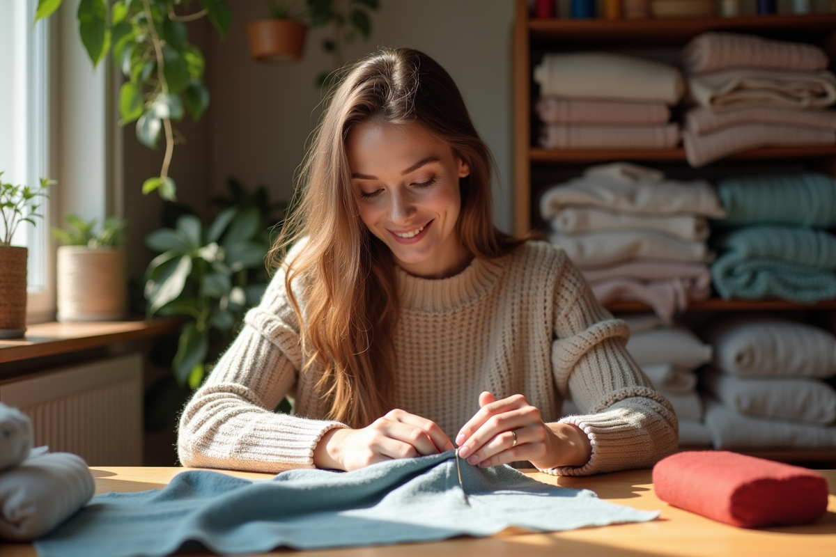 Femme cousant un tissu coloré dans un atelier lumineux