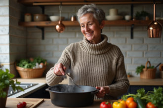 Femme souriante soulevant le couvercle d'une poêle en fonte dans une cuisine rustique