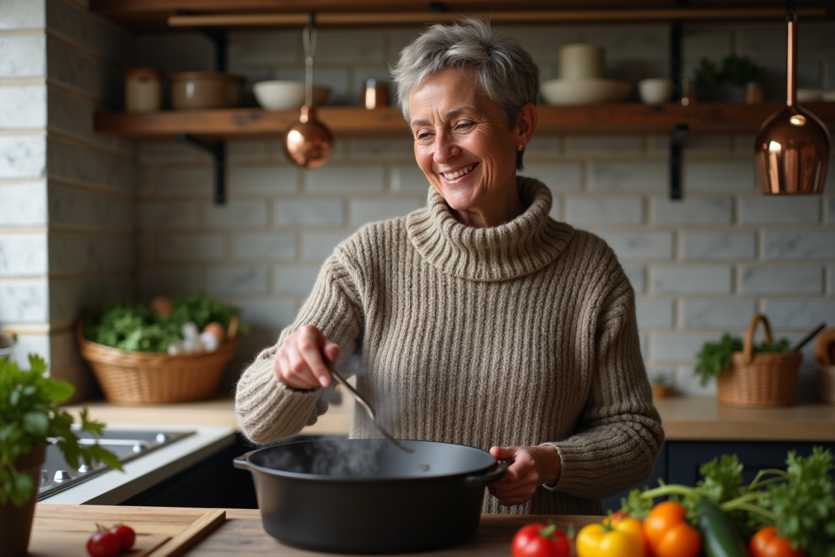 Femme souriante soulevant le couvercle d'une poêle en fonte dans une cuisine rustique