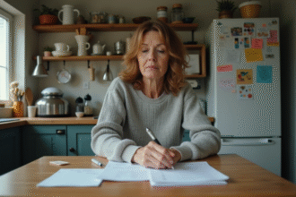 Femme moyenne âge à la cuisine avec notes et reçus