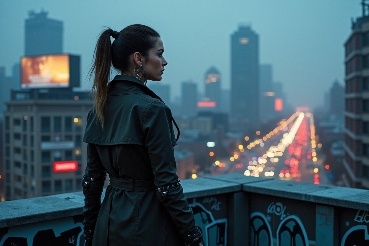 Femme cyberpunk contemplant la ville depuis un toit