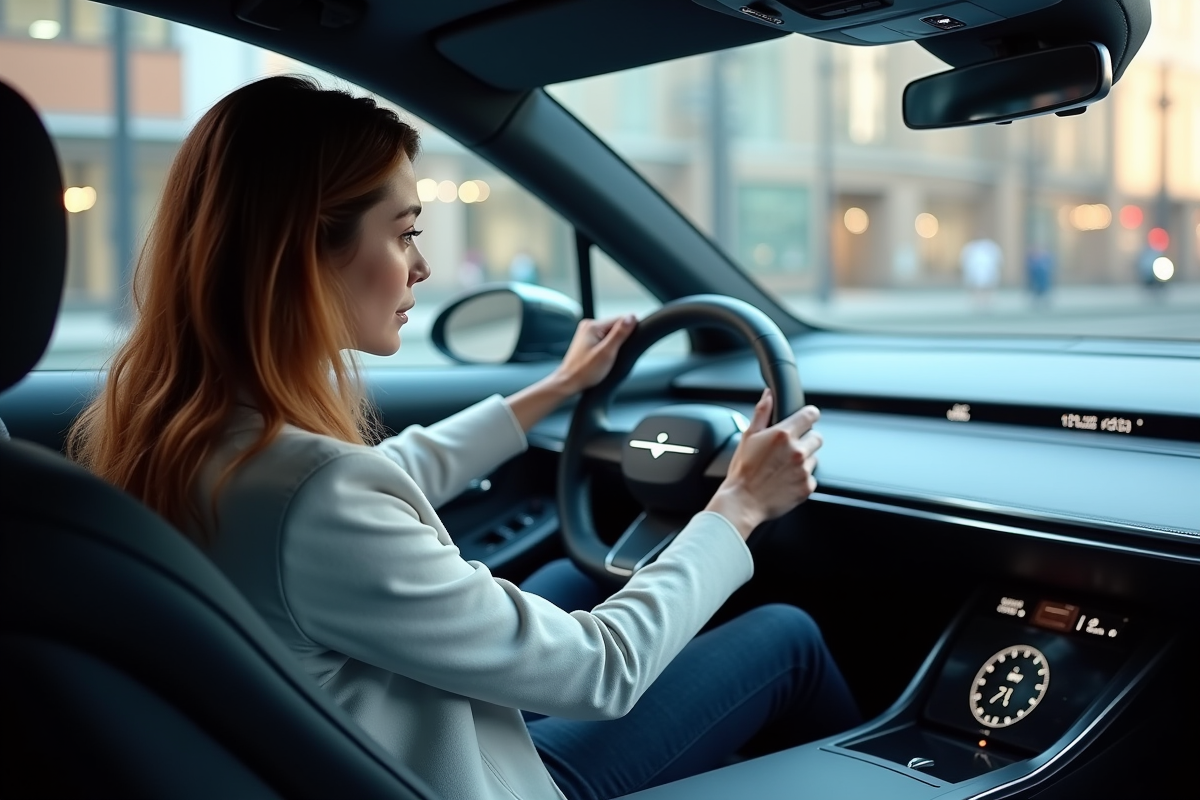 Femme dans voiture électrique futuriste examine le tableau de bord