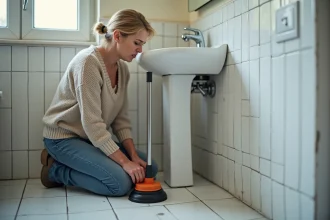 Femme à la maison débouchant un évier avec une ventouse