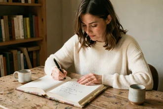Femme écrivant une dédicace personnalisée dans un livre de citations relié, assise à un bureau en bois dans un intérieur cosy