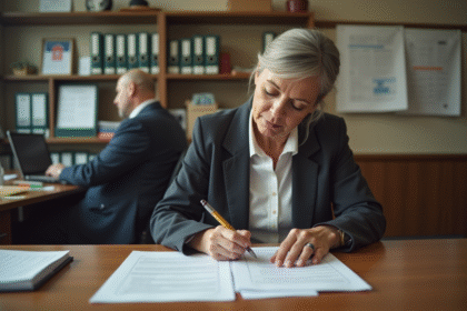 Femme d'âge moyen remplissant une demande de logement dans un bureau administratif