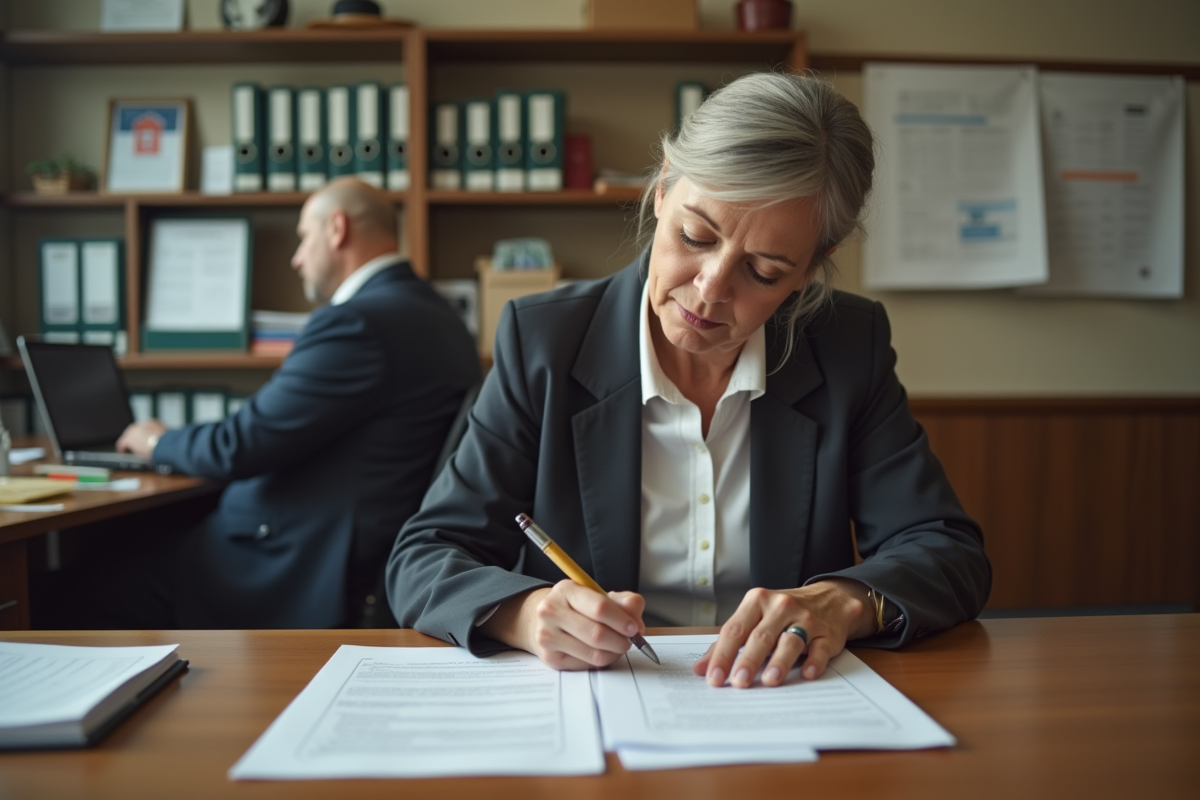 Femme d'âge moyen remplissant une demande de logement dans un bureau administratif