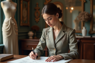 Femme élégante dessinant des créations de mode dans un studio parisien