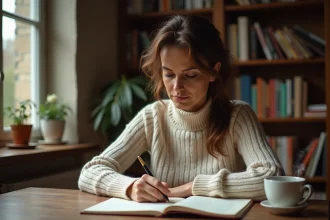 Femme concentrée en train d'écrire dans un cahier avec un stylo plume, entourée de livres de grammaire française sur son bureau en bois