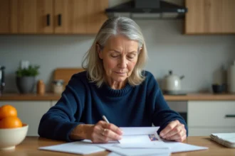 Femme en train d affranchir une lettre dans la cuisine