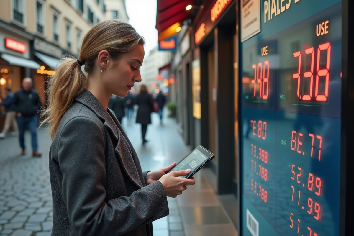 Jeune femme vérifiant un taux de change sur une tablette en rue