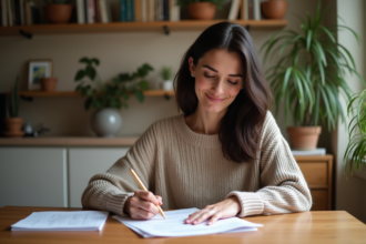 Femme remplissant des formulaires dans un intérieur lumineux