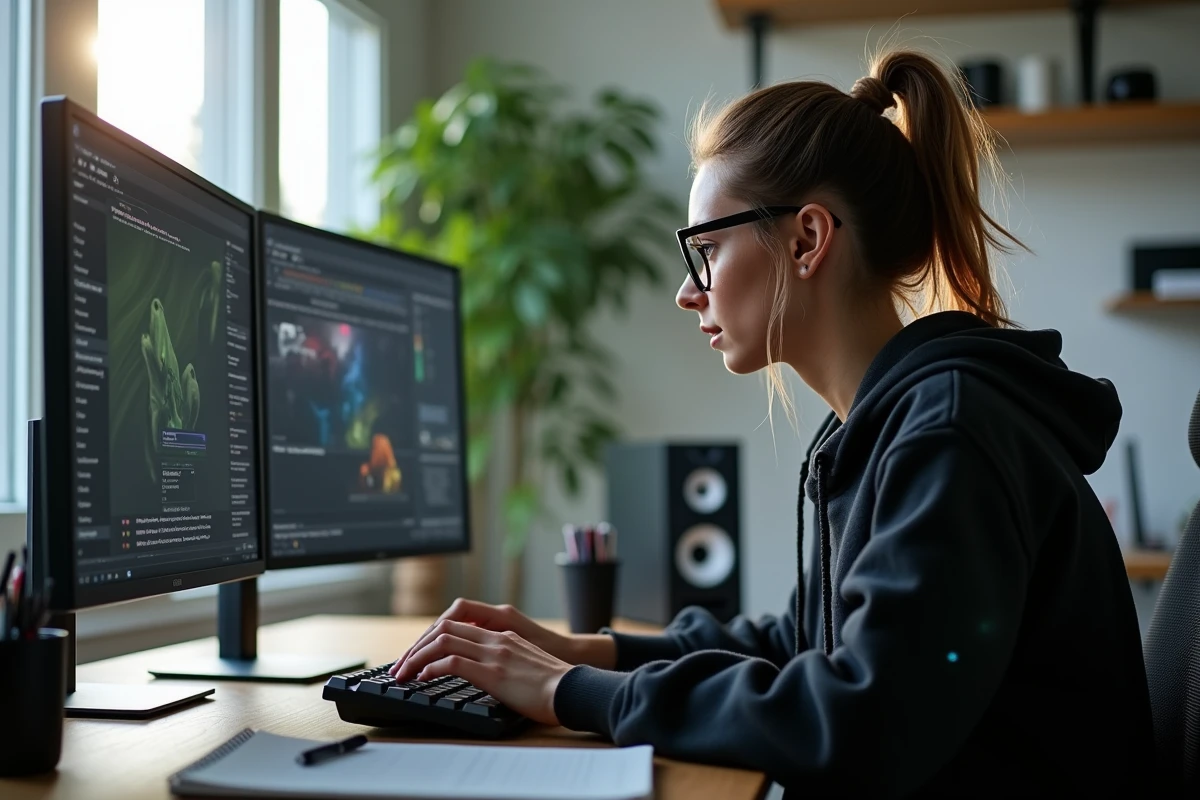 Femme gamer en hoodie ajustant ses réglages dans un bureau lumineux