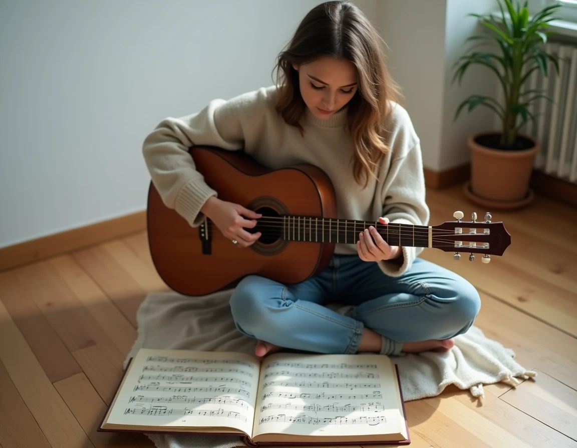 Femme étudiant les accords de Mistral Gagnant avec une partition manuscrite et une guitare acoustique