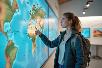 Jeune femme pointant la carte des deserts sur ecran digital