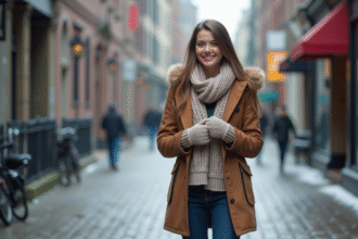 Jeune femme en hiver dans la ville ajustant ses gants