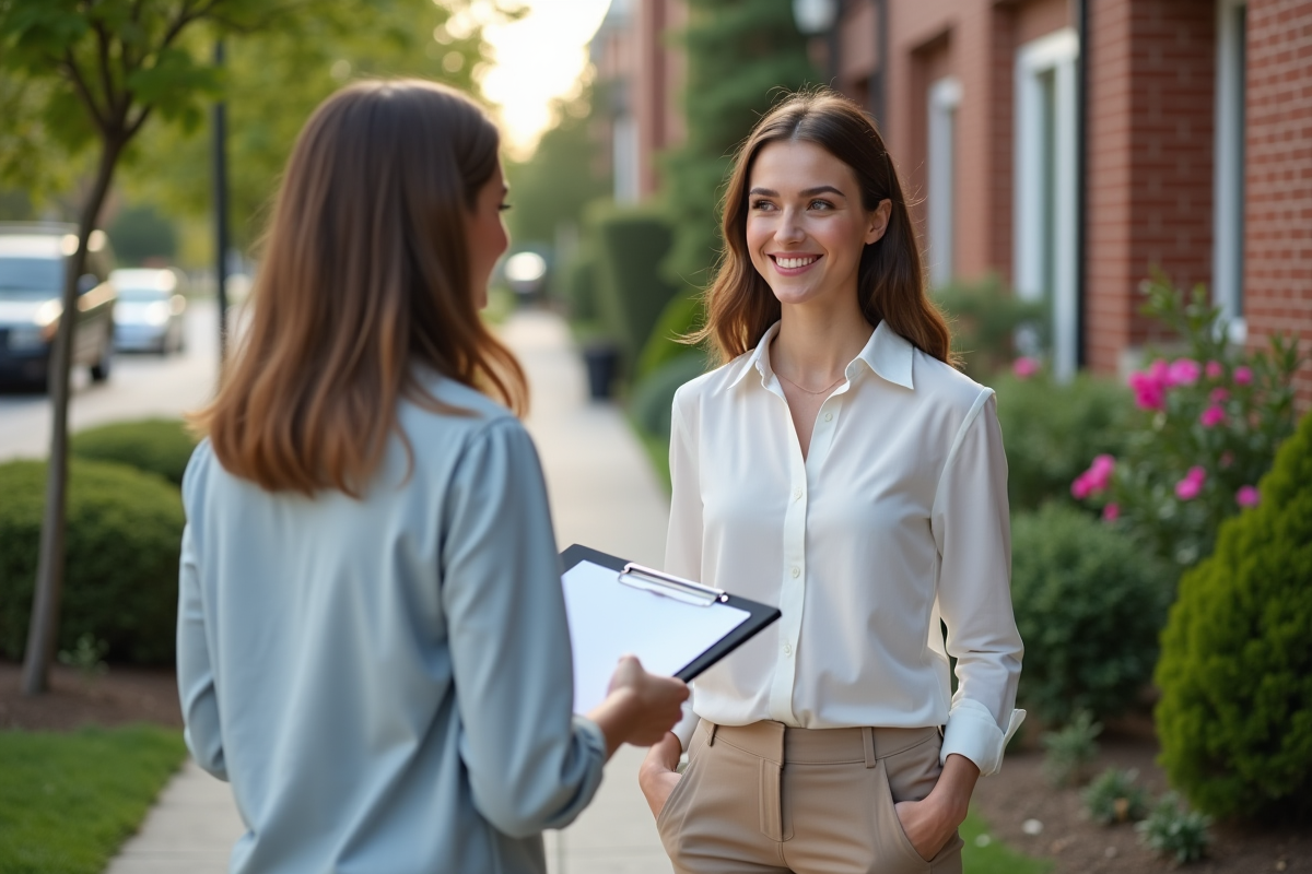 Jeune femme discutant avec un conseiller immobilier devant une maison