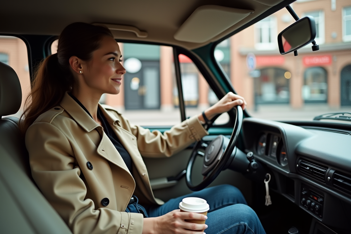 Femme ajustant le rétroviseur dans intérieur vintage de voiture