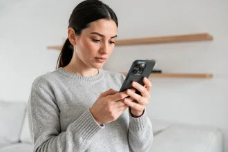 Femme tenant un iPhone 14 et comparant les prix pendant les soldes et French Days 2026