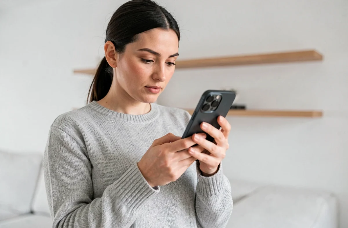 Femme tenant un iPhone 14 et comparant les prix pendant les soldes et French Days 2026