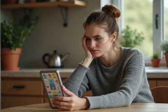 Femme concentrée cherchant la solution d'un jeu 4 Images 1 Mot sur smartphone à la cuisine