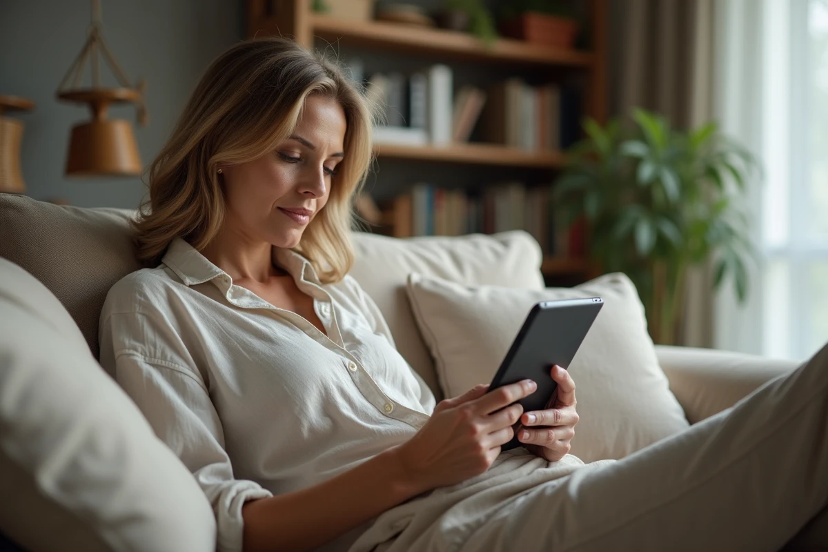 Femme lisant discrètement des histoires sur une tablette dans son salon en toute intimité