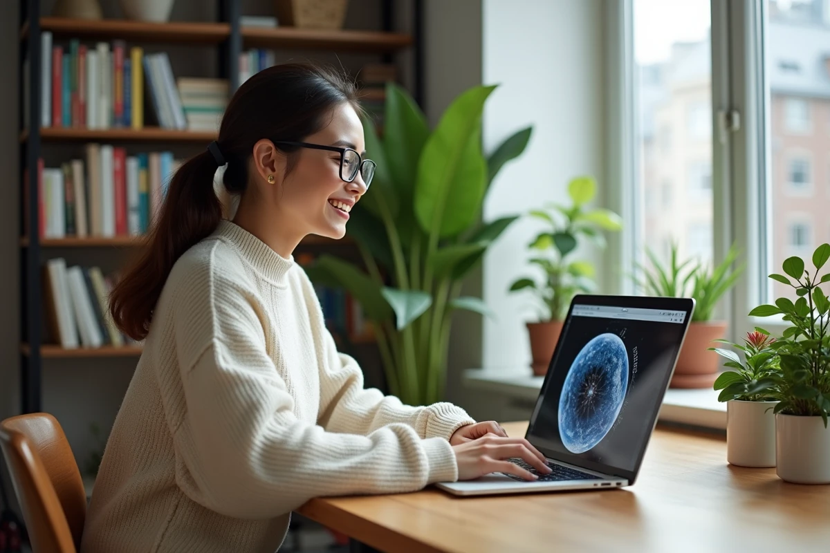 Jeune femme lisant un magazine scientifique sur son ordinateur
