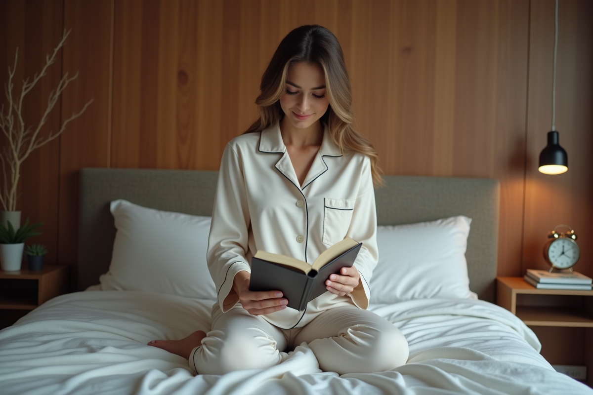 Femme en pyjama lisant dans sa chambre calme