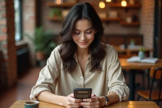 Une femme dans la trentaine tient un vieux Nokia 3310 dans un café, regard nostalgique sur l'ancien téléphone portable
