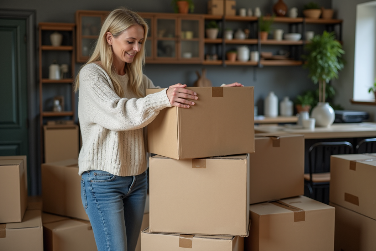 Femme d'âge moyen triant des cartons dans un appartement encombré