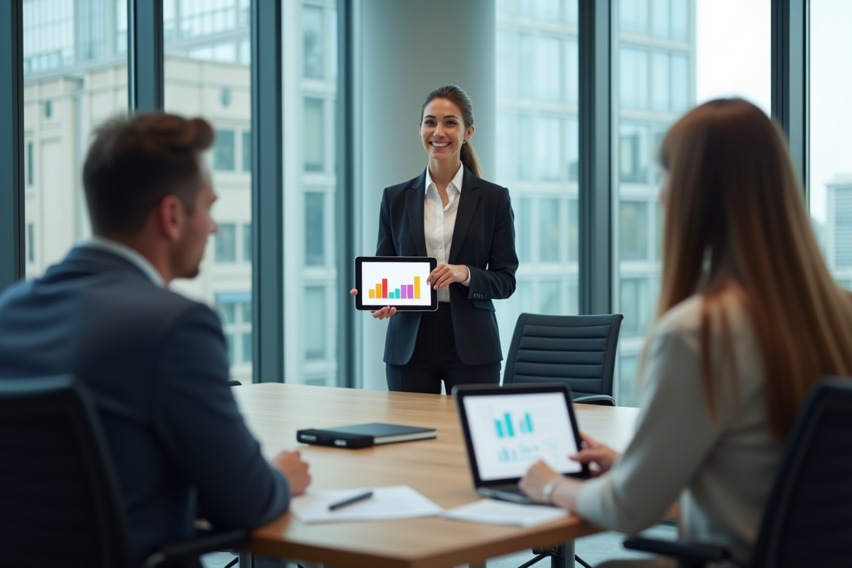 Jeune femme en réunion présentant un graphique coloré