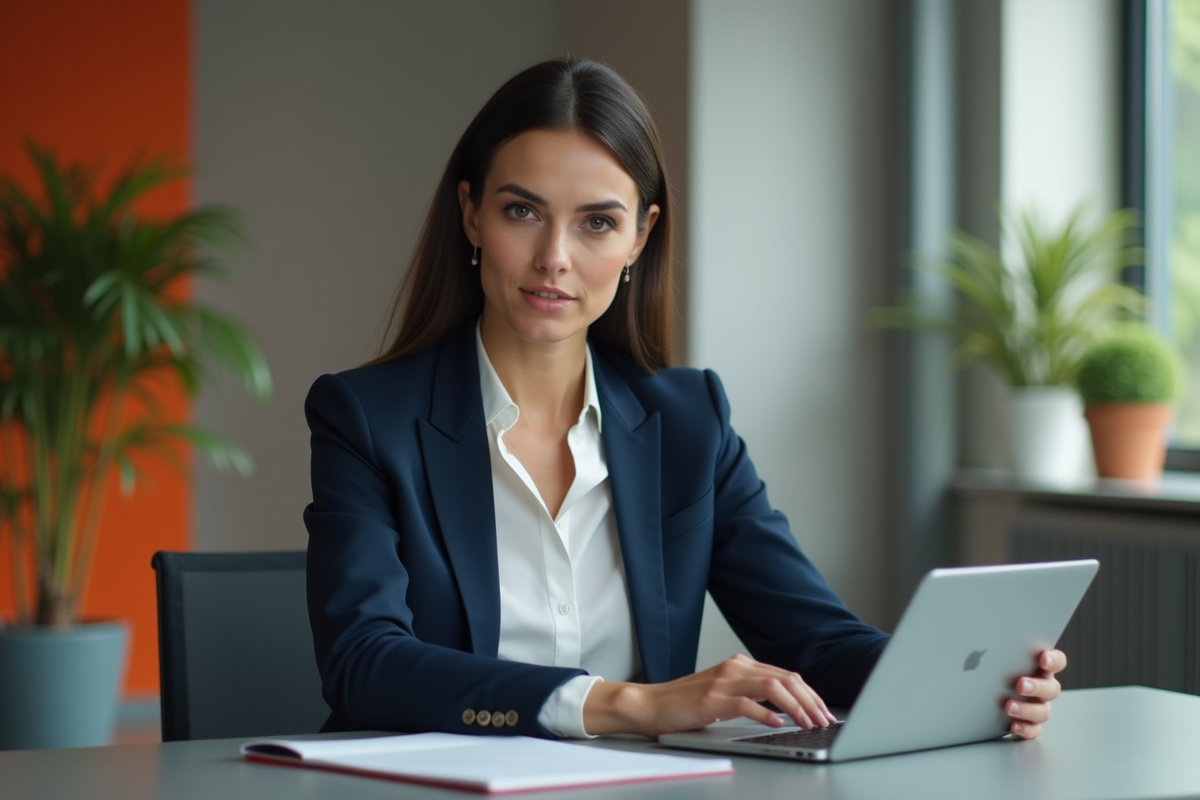 Femme professionnelle en bureau moderne avec tablette